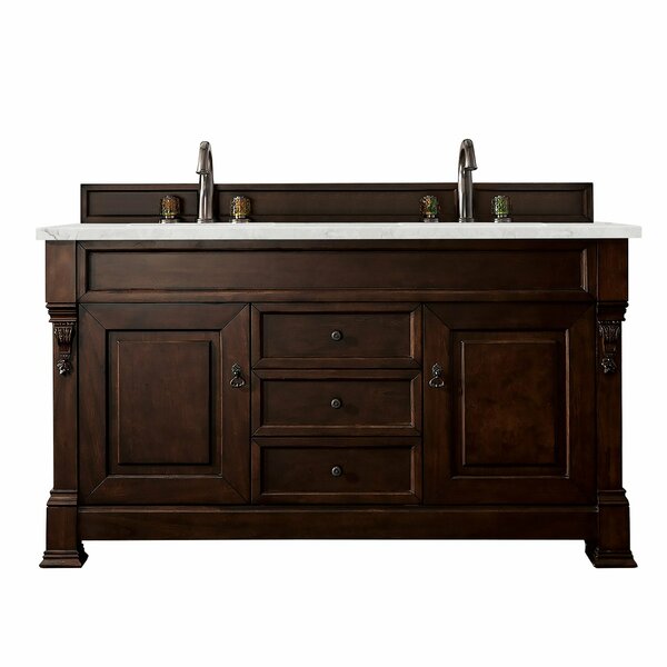 James Martin Vanities Brookfield 60in Double Vanity, Burnished Mahogany w/ 3 CM Eternal Jasmine Pearl Quartz Top 147-114-5661-3EJP